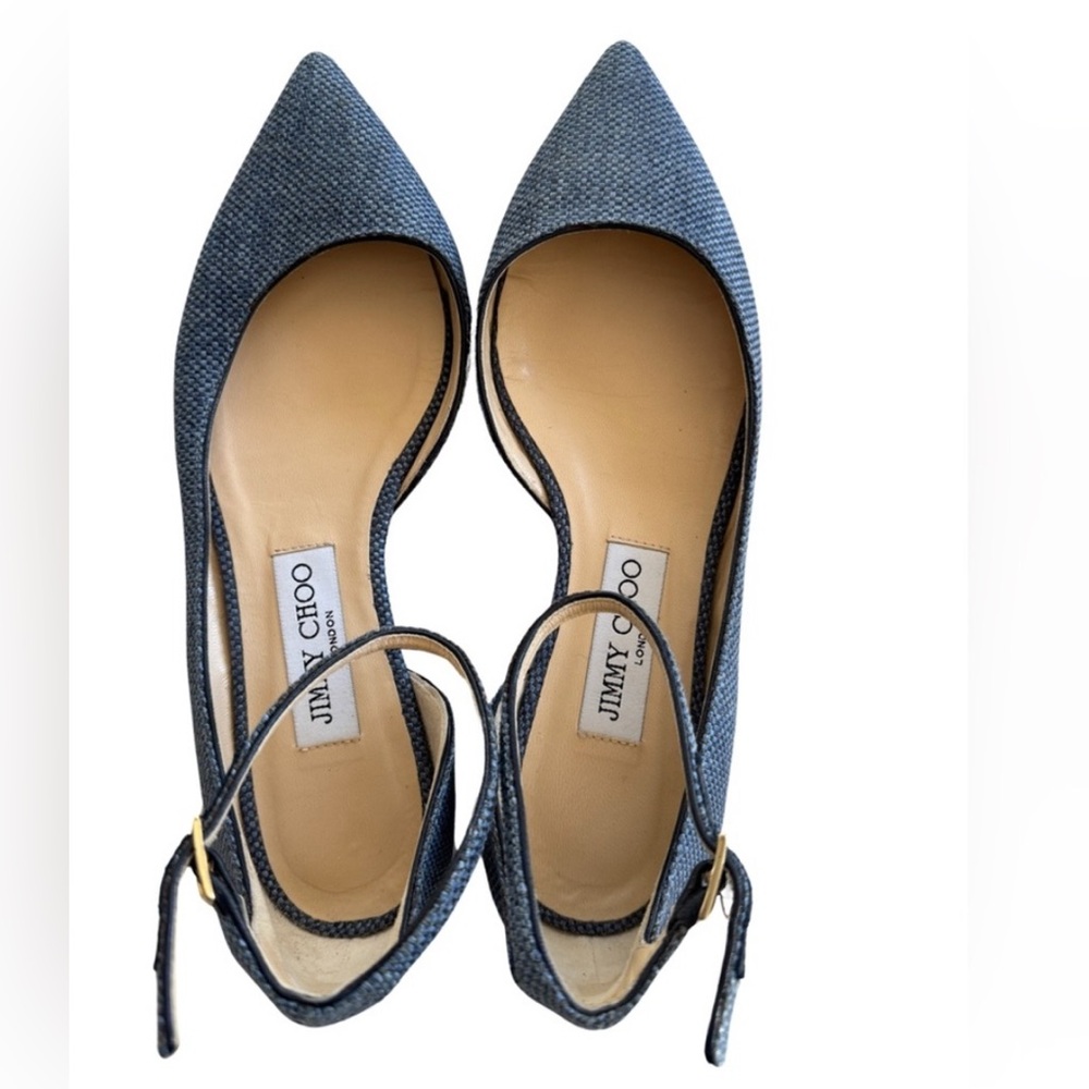 LIKE NEW Authentic Jimmy Choo Pointed Toe Denim Leather D’Orsay Work Flats